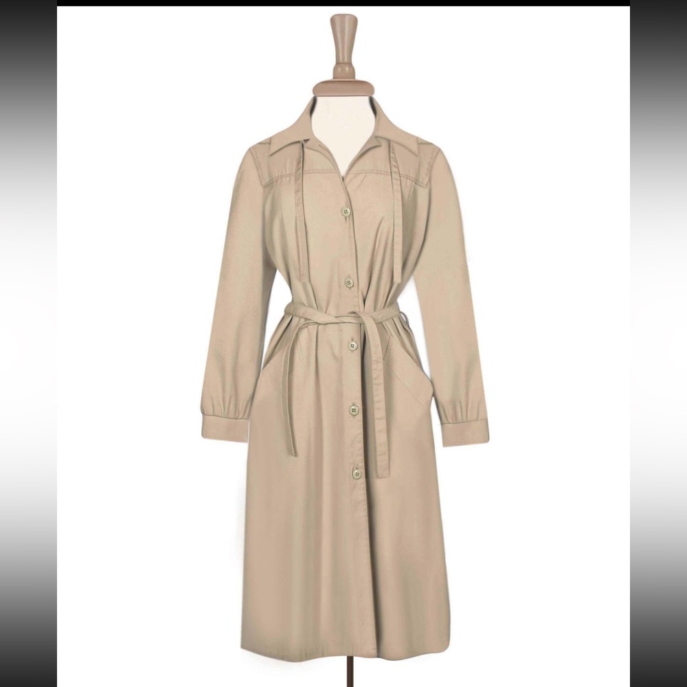 Vintage London Fog Trench Coat Size 12 Regular Tan Khaki Button Up Hooded Lined